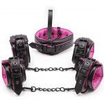 Banoch Bondageset Hot Pink halsbandriem handboeien en enkelbanden pu Leer zwart roze 987101678