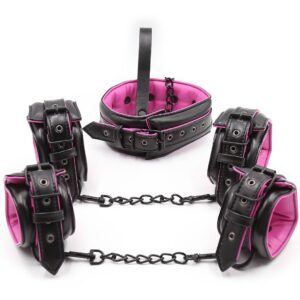 Banoch Bondageset Hot Pink halsbandriem handboeien en enkelbanden pu Leer zwart roze 987101678
