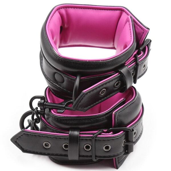 Banoch Bondageset Hot Pink halsbandriem handboeien en enkelbanden pu Leer zwart roze 987101678 6