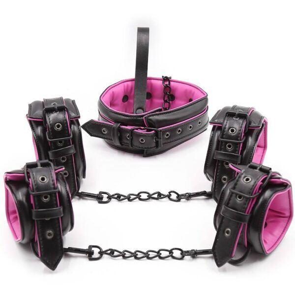 Banoch Bondageset Hot Pink halsbandriem handboeien en enkelbanden pu Leer zwart roze 987101678