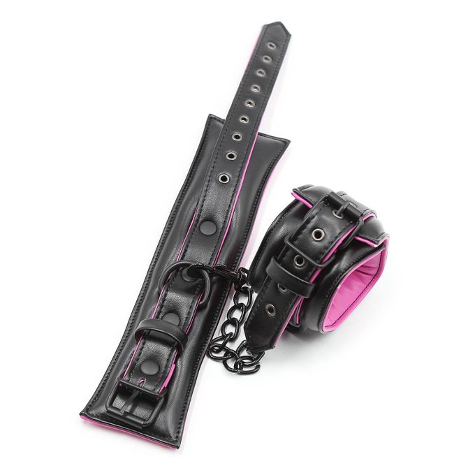 Banoch Bondageset Hot Pink halsbandriem handboeien en enkelbanden pu Leer zwart roze 987101678 8