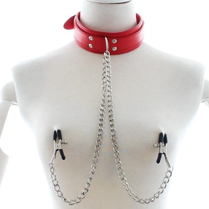 Banoch Collar Clamps Warning Red rode halsband met tepelklemmen 987101684 Banoch Collar Clamps Warning Red rode halsband met tepelklemmen 987101684