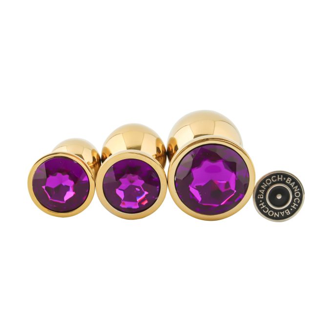 Banoch 3 maten gouden metalen Buttpluggen met paarse Diamant maat smallmedium large. Aurora scaled scaled