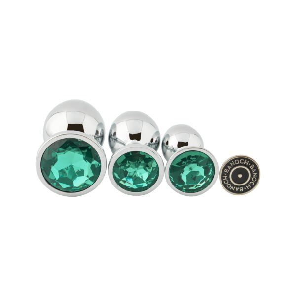 Banoch 3 maten zilveren metalen Buttpluggen met groene Diamant maat smallmedium large. Aurora scaled scaled