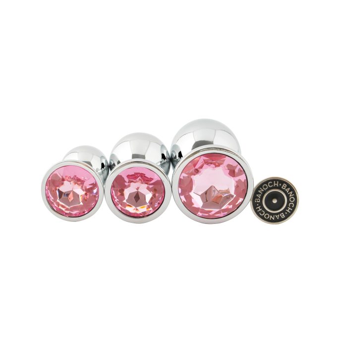 Banoch 3 maten zilveren metalen Buttpluggen met zacht roze Diamant maat smallmedium large. Aurora scaled scaled