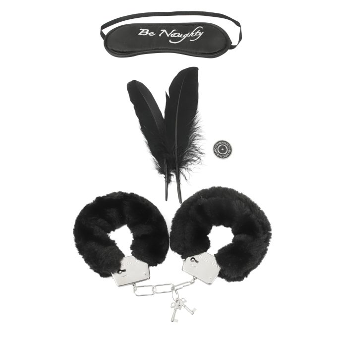 Banoch Bondage Naughty Black zwarte pluche handboeien blinddoek en streel veren 10 scaled scaled