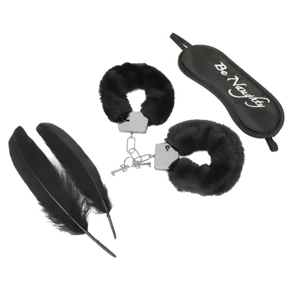 Banoch Bondage Naughty Black zwarte pluche handboeien blinddoek en streel veren 2 scaled scaled