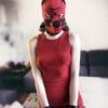 Banoch human puppy play model Darvinetta woman wearing red dress black cuffs and red neoprene dog mask scaled