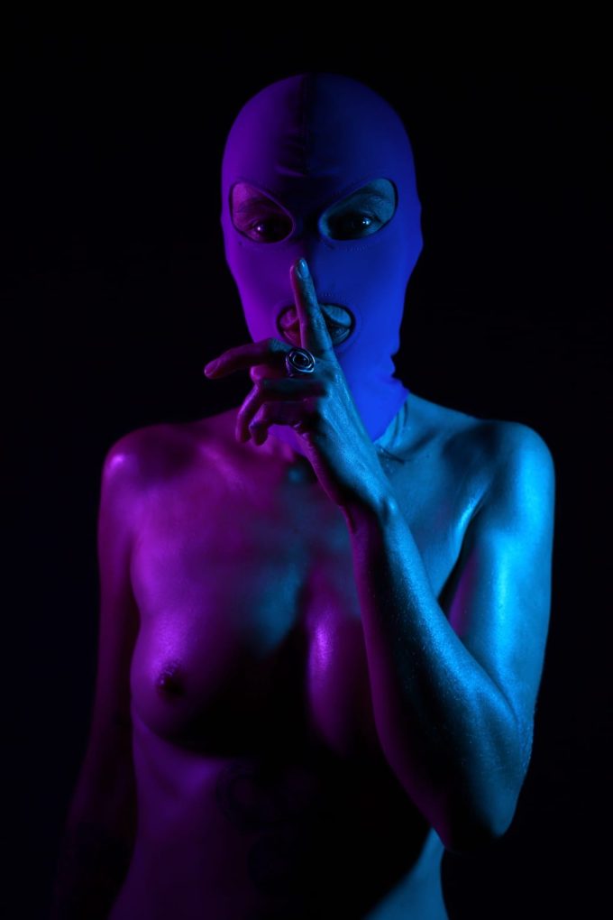 Banoch madrettor wearing purple spandex mask 3 hole