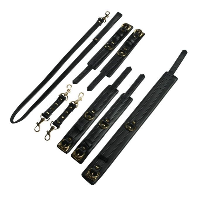 Banoch luxe bondageset zwart handboeien enkelboeien collar leash pu leer opbergtas 1 scaled