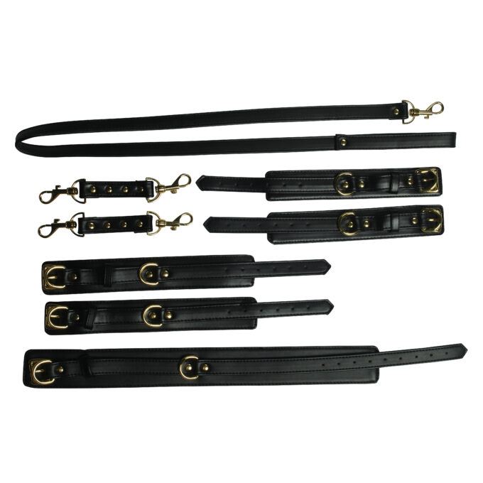 Banoch luxe bondageset zwart handboeien enkelboeien collar leash pu leer opbergtas 23 scaled