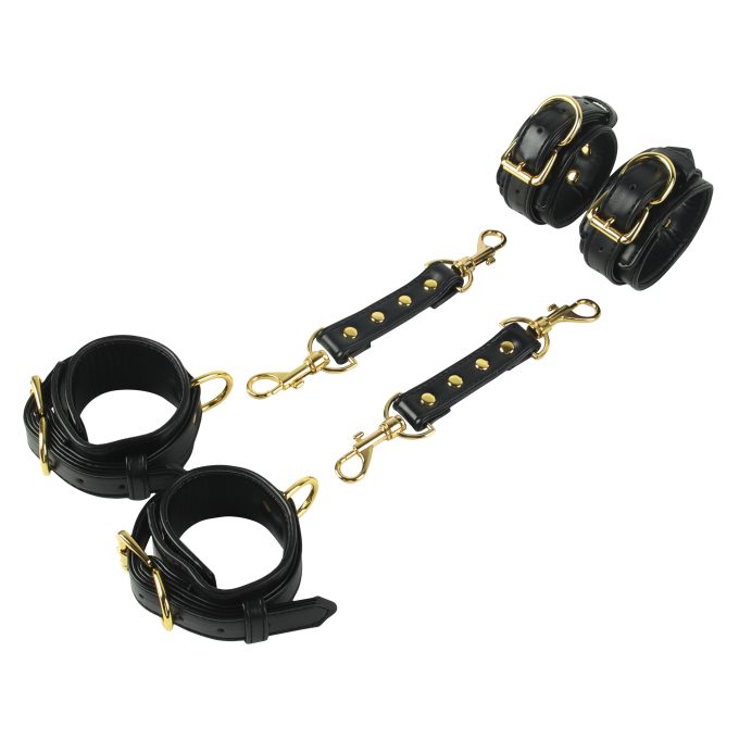 Banoch luxe bondageset zwart handboeien enkelboeien collar leash pu leer opbergtas 4 1 scaled