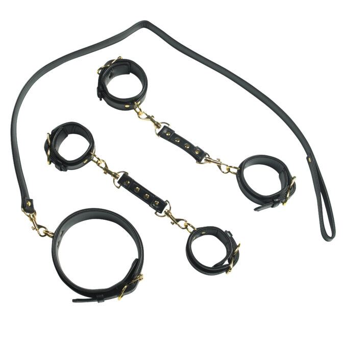 Banoch luxe bondageset zwart handboeien enkelboeien collar leash pu leer opbergtas 4 scaled
