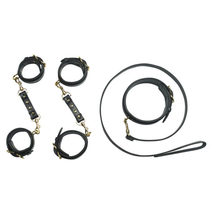 Banoch luxe bondageset zwart handboeien enkelboeien collar leash pu leer opbergtas 5 scaled