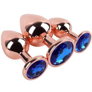 Banoch Buttplug set van metaal Aurora   rose goud blauwe steen (10)