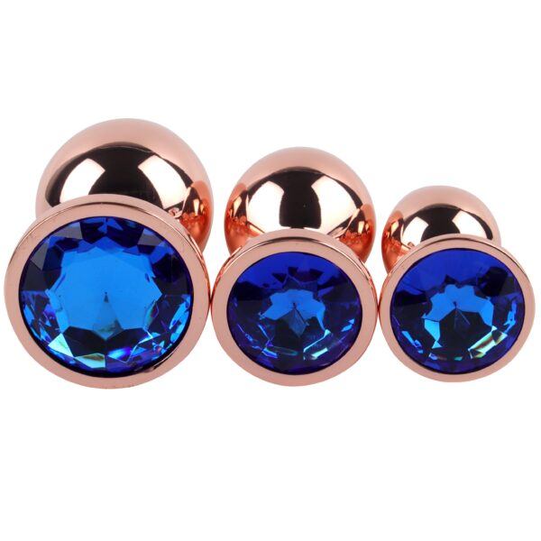 Banoch Buttplug set van metaal Aurora   rose goud blauwe steen (7)