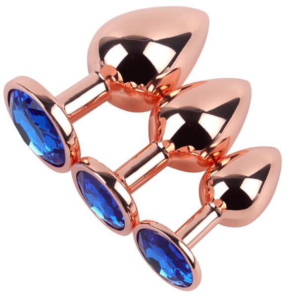 Banoch Buttplug set van metaal Aurora   rose goud blauwe steen (9)