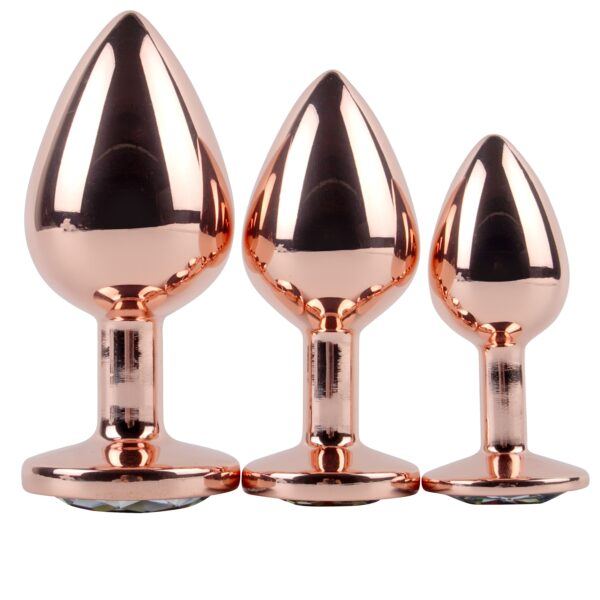 Banoch Buttplug set van metaal Aurora   rose goud groene steen (4)