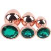 Banoch Buttplug set van metaal Aurora   rose goud groene steen (7)