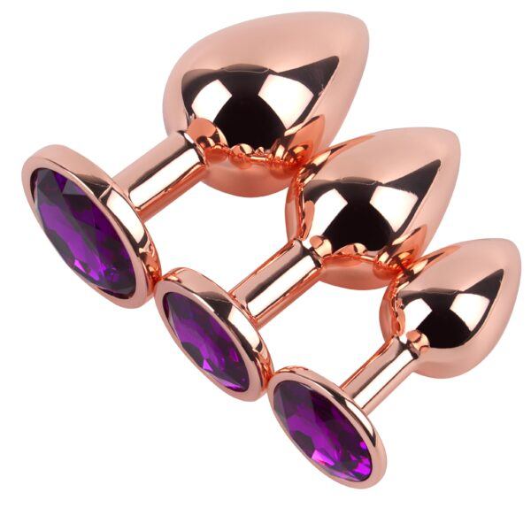 Banoch Buttplug set van metaal Aurora   rose goud paarse steen (9)