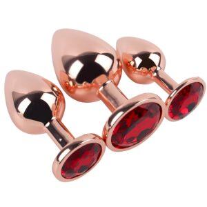 Banoch Buttplug set van metaal Aurora   rose goud rode steen (10)