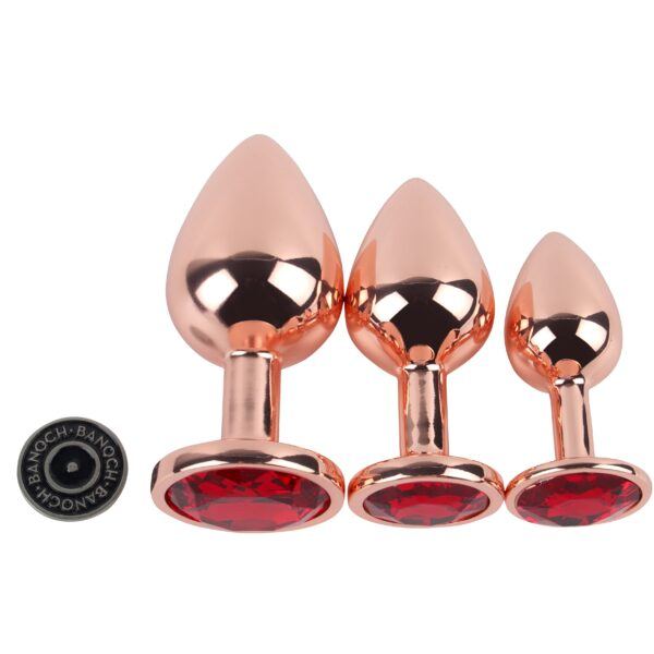 Banoch Buttplug set van metaal Aurora   rose goud rode steen (8)