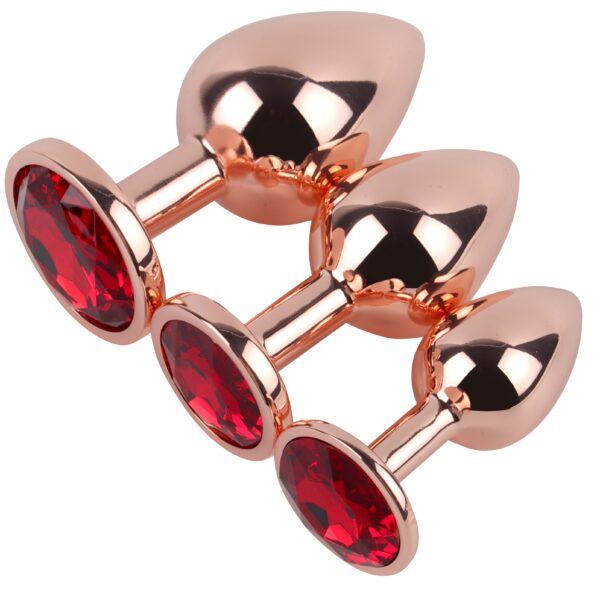 Banoch Buttplug set van metaal Aurora   rose goud rode steen (9)