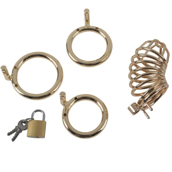 Banoch Cockcage Goud metaal Chastity Cage met 3 ringen 40 mm, 45 mm & 50 mm (1)